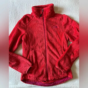 North Face fleece, red with magenta lettering and zip. Women’s small